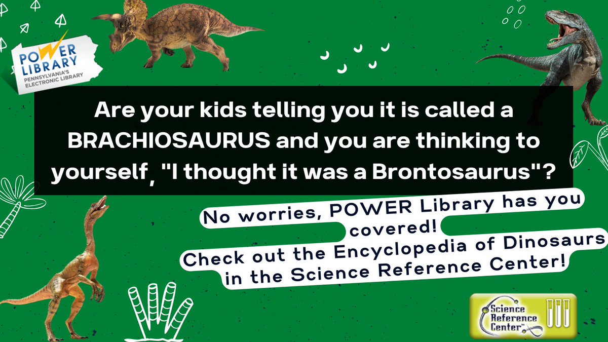 PowerLibrary's tweet photo. Have kids that love dinosaurs? Do they ask you a thousand dinosaur questions?  Do you need help with that? No worries, POWER Library has you covered with our Encyclopedia of Dinosaurs in the Science Reference Center!

https://t.co/OeqnMUCtbP

#WayBackWednesday #KidQuestions https://t.co/e5zpBxPChN