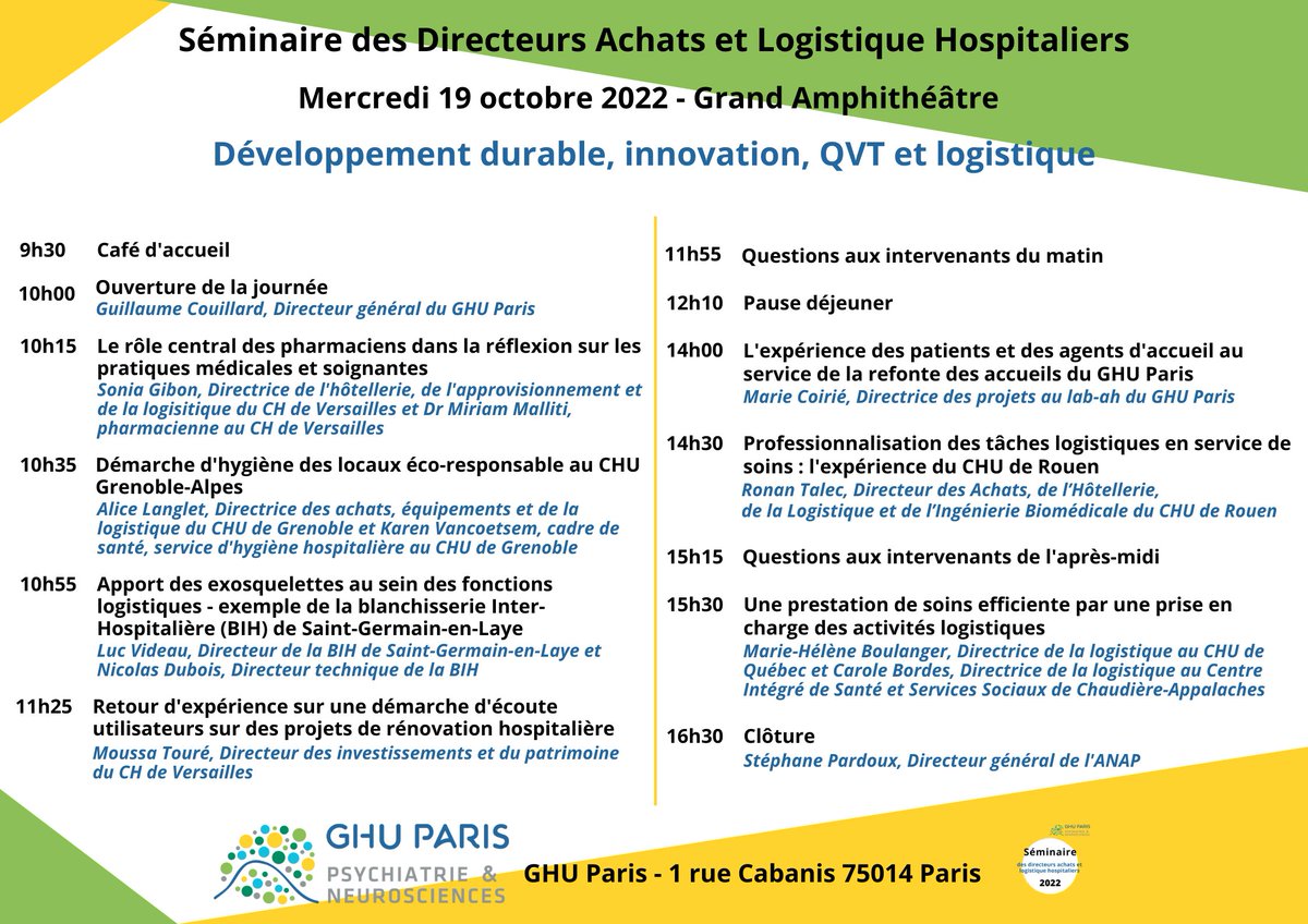 Vous l'attendiez, le voici: Le programme du séminaire des directeurs des achats et de la logistique hospitaliers est disponible!
Quel que soit votre domaine de prédilection, vous trouverez une intervention à votre goût: #DeveloppementDurable #QVT #logistique #innovation #achats😍