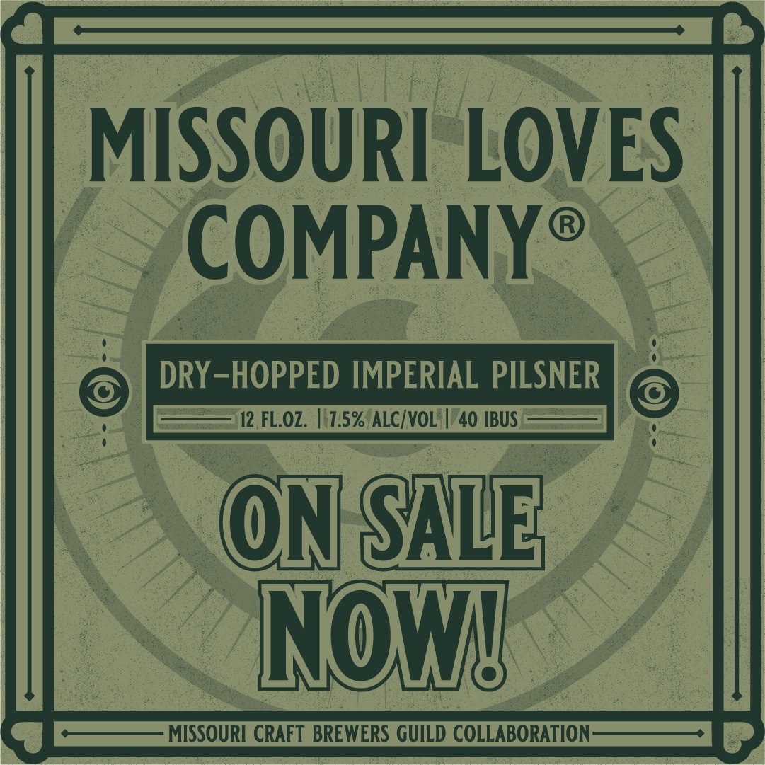 Today's the day! We're excited to release our latest iteration of the Missouri Loves Company® collaboration beer - a 7.5% ABV dry-hopped Imperial Pilsner brewed at @KCBierCo. Starting 7/6, you can pick up a 6-pk of 12 oz bottles at any of these participating breweries across MO: