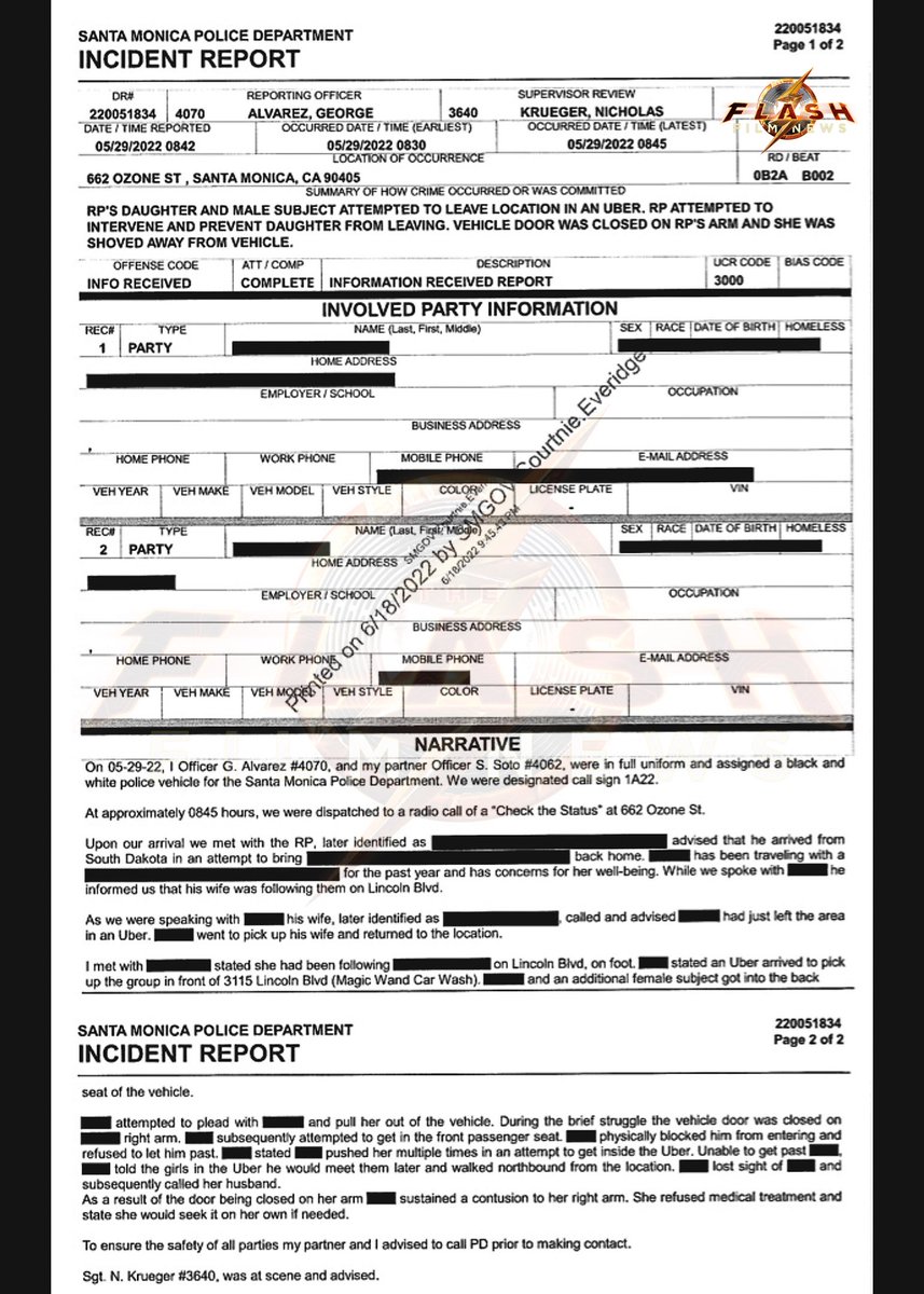 DCFilmNews's tweet photo. EXCLUSIVE: We obtained the Santa Monica Police Report & it contradicts previous claims:
- PR initially filed by Chase Iron Eyes, not Sarah
- Ezra Miller closed a car door on Sarah, not repeatedly slam
- Police were not at the scene
- No mention of Gibson or Ezra pulling a knife https://t.co/M6Z6D0sSur