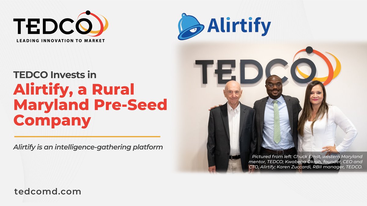 MDTEDCO's tweet photo. TEDCO Invests in @Alirtify, a Rural Maryland Pre-Seed Company | Alirtify is an intelligence-gathering platform
https://t.co/CAqgN5T5yZ

#smallbusiness #funding #innovation #entrepreneur #investment #resources #business https://t.co/lGXULVWHD7