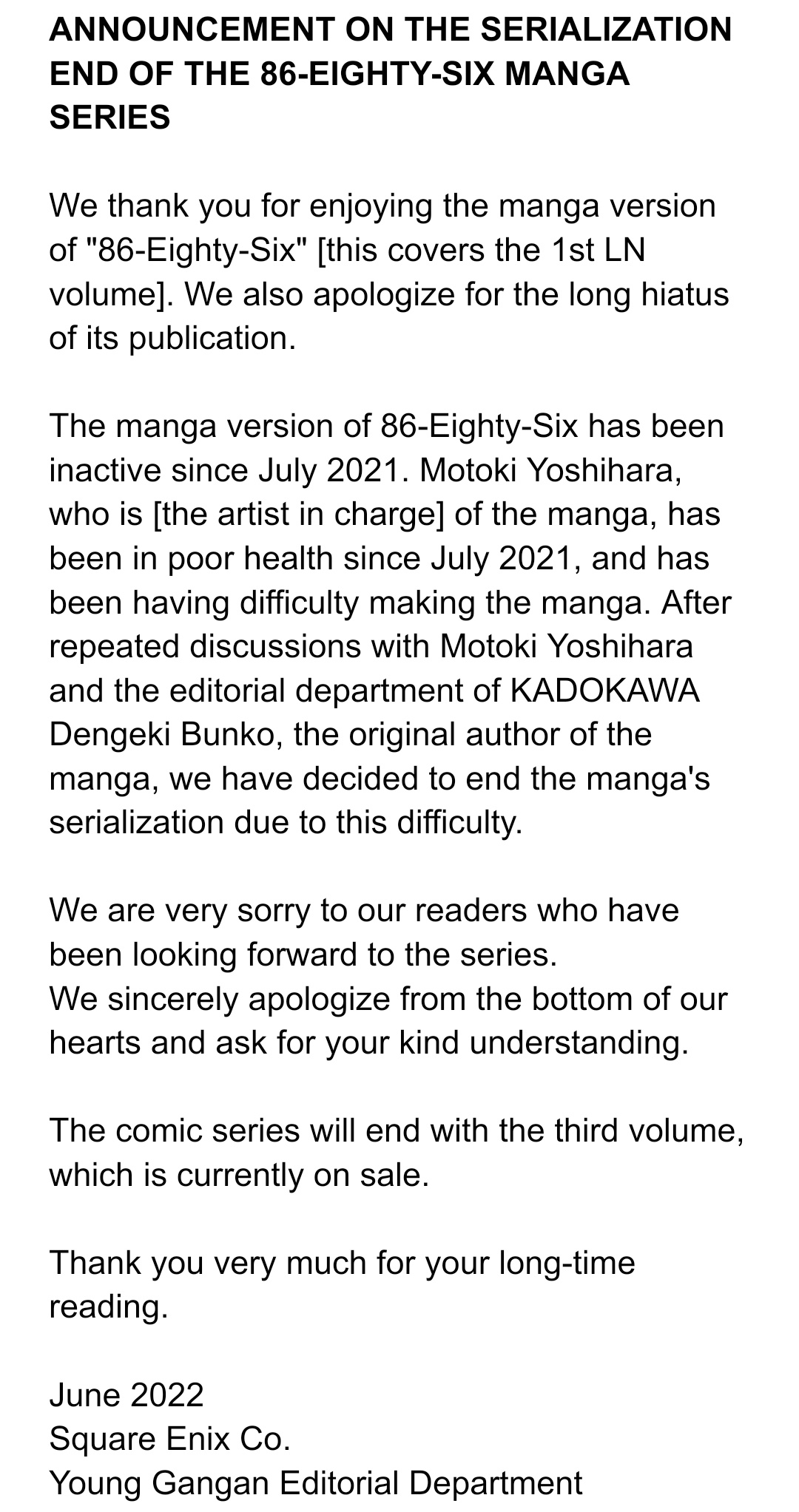 Yen Press on X: MANGA ANNOUNCEMENT: 86--EIGHTY-SIX, Vol. 1 (manga