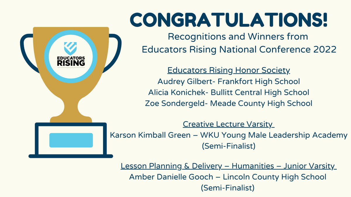 EdRisingKY's tweet photo. Kentucky Educators Rising students competed at the national level last week. We're so proud of all of them, but wanted to take a moment to recognize these students who were semi-finalists or winners and Kentucky students in the Ed Rising Honor Society! https://t.co/xpOINmmNTX