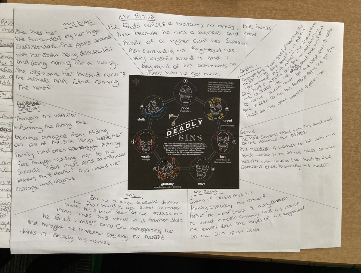 Year 9 have been exploring how the characters in An Inspector Calls might represent the 7 deadly sins. Lots of interesting ideas being discussed. @GeorgeEliotAcad #AIC #Geraldistheworst