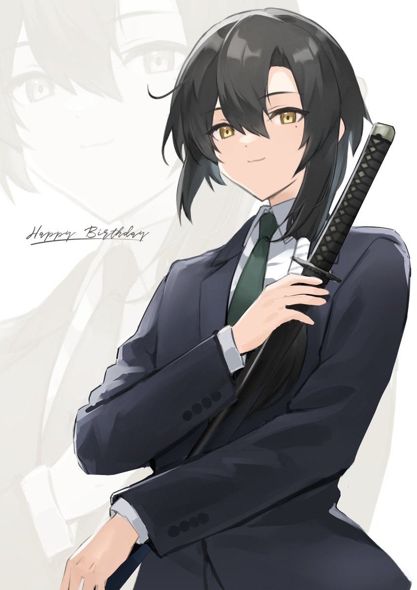 weapon sword necktie solo black hair mole under eye 1girl  illustration images