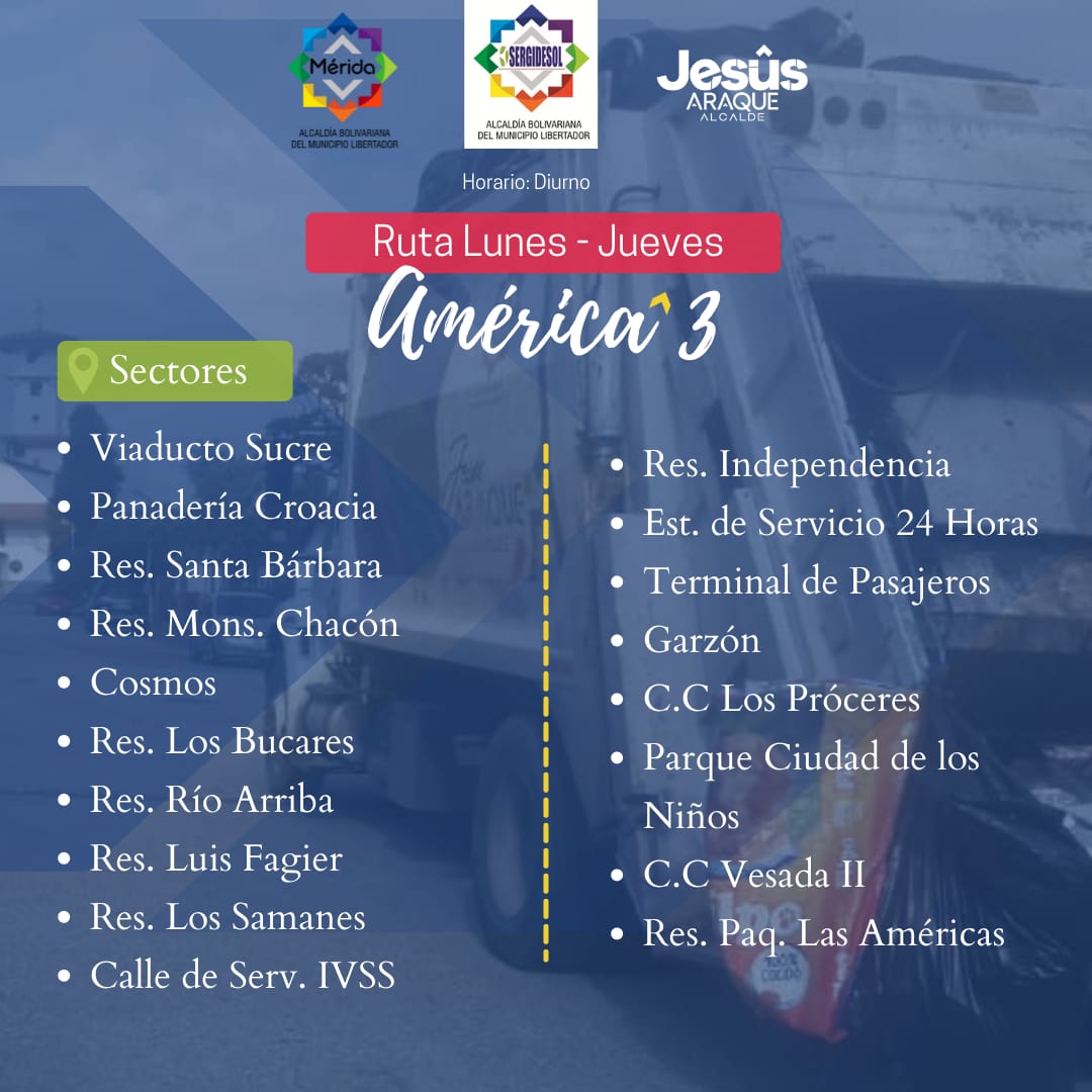 AseoUrbanoMRD's tweet photo. #ATENCIÓN⚠️

♻️RUTAS LUNES #6Jul ♻️

Continumos trabajando y  desplegados con nuestro plan de recolección de desechos sólidos a lo largo y ancho del municipio Libertador #MéridaLimpia 🚚

¡Mérida Ciudad de Retos!  

Ruta:
América 1, 2, 3 y 4 https://t.co/qCQhWv5Rap