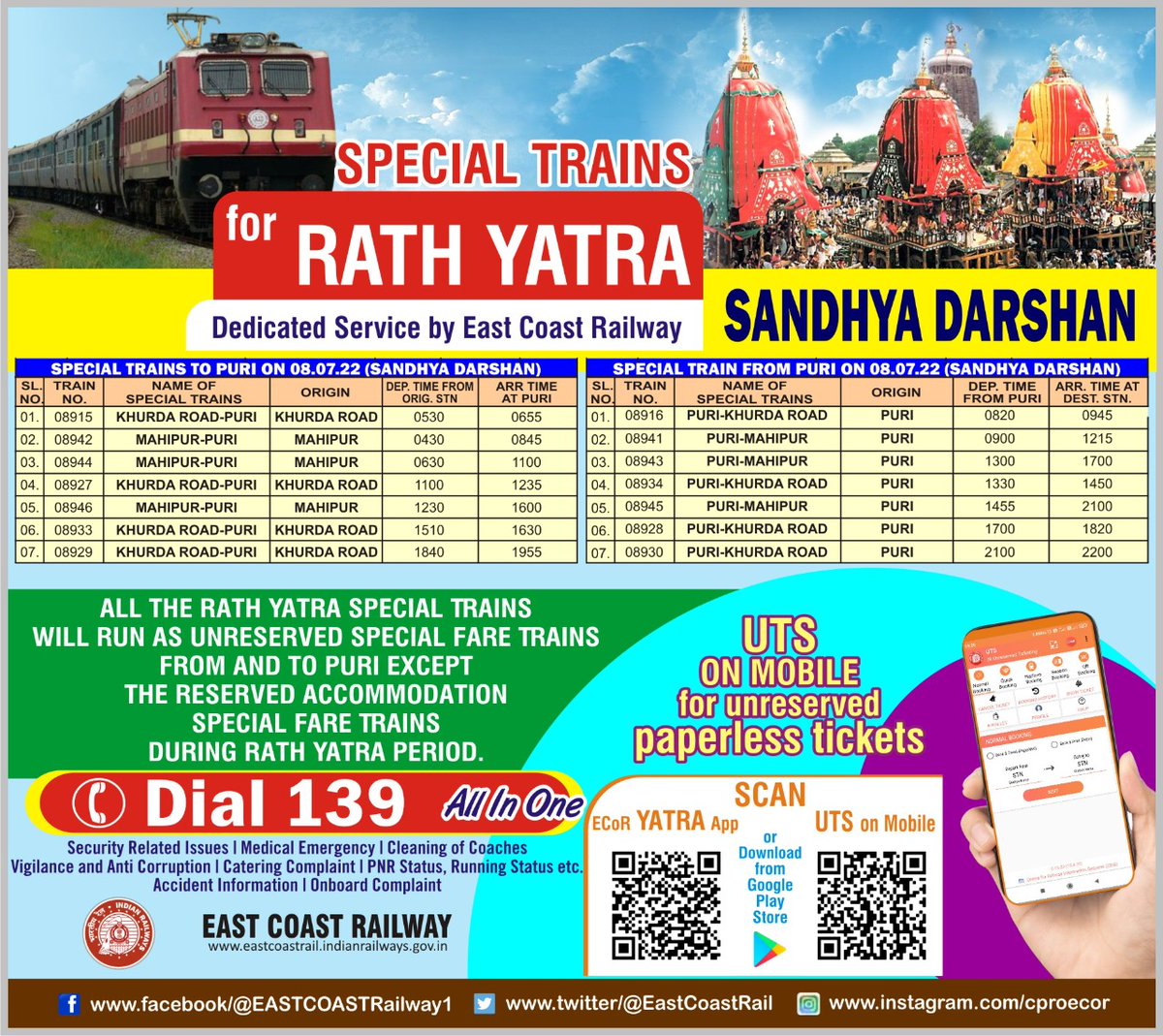 RailMinIndia #ECoRupdates Special Trains for Sandhya Darshan, Bahuda & Suna  Vesha of Rath Yatra Festival @DRMWaltairECoR @DRMSambalpur @DRMKhurdaRoad  https://t.co/OIWNOfe9y1