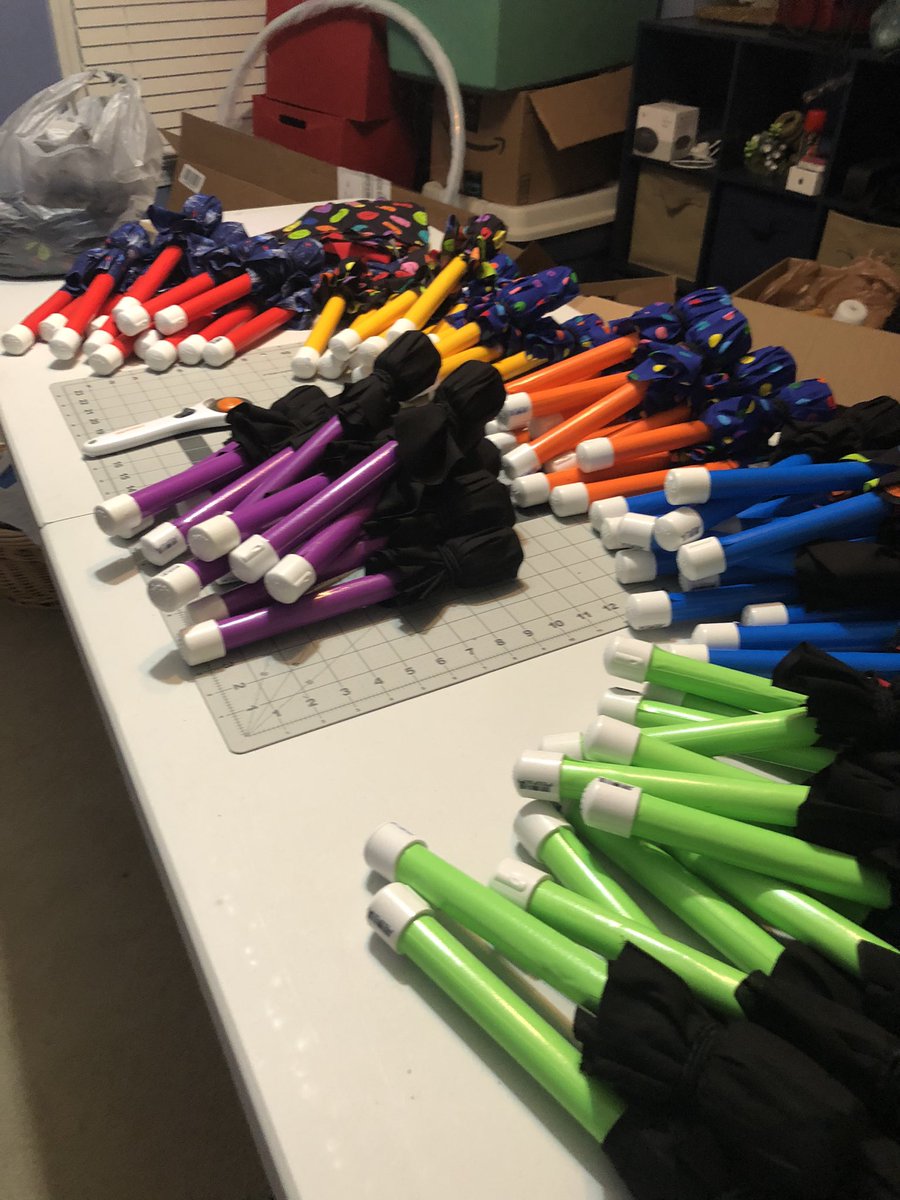 Making some new mallets for bucket drumming this year. Even better that they are PBIS house colors!@IndianKnollES #ikesmusic