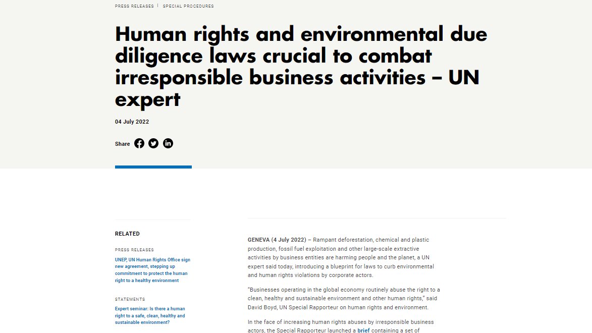 “Overlapping #HumanRights & environmental abuses by business actors are rampant, while effective remedies for #rightsholders remain elusive.” - UN Special Rapporteur David Boyd ➡️Read why voluntary #DueDiligence measures are not enough: bit.ly/3yJu4Yg #BizHumanRights