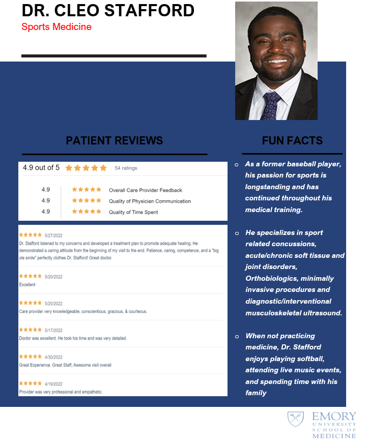 Please join us to #Spotlight our faculty Dr. Cleo Stafford! @CleoStaffordMD 
Read some of the wonderful reviews from his patients below!

Learn More: providers.emoryhealthcare.org/provider/Cleo+…

#MedTwitter #orthotwitter #emorystrong #gradystrong #DoctorSpotlight #orthopedics #sportsmedicine