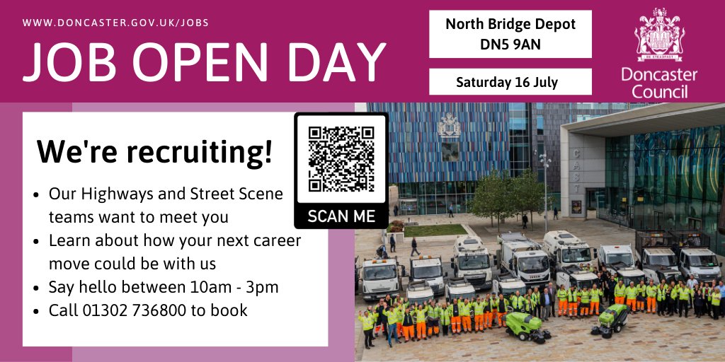 Looking for a job in Doncaster?

Then our Highways and Street Scene team want to meet you🦺

Pop down to our open day at North Bridge Depot on Saturday 16 July and learn about our variety of full &amp; part-time roles currently available.

Book your place now: eventbrite.co.uk/e/doncaster-co…