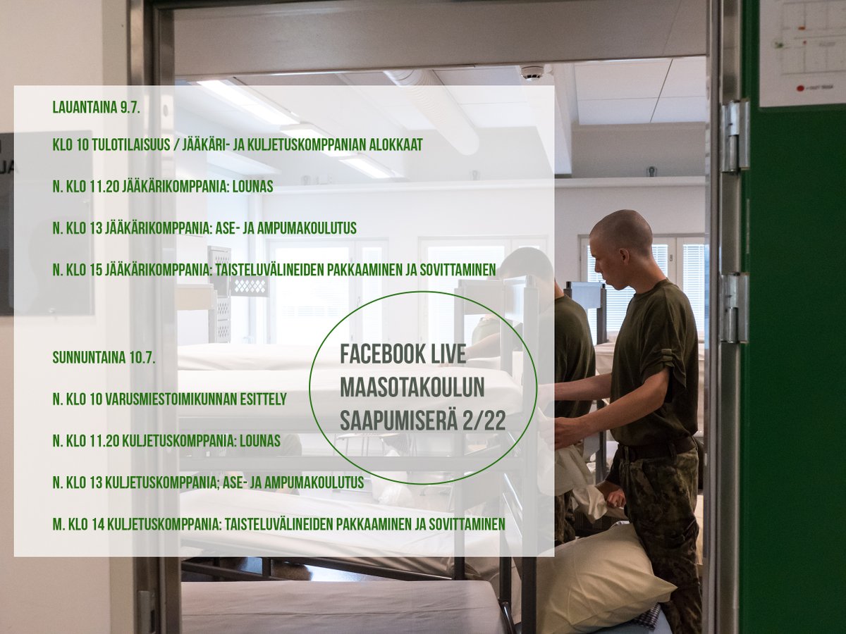 MaasotaK's tweet photo. Ensi viikonloppuna kurkistamme alokkaiden arkeen Haminassa: Facebookin puolella livelähetykset 9. ja 10. heinäkuuta, klo 10 alkaen. Livelähetys näkyy Maasotakoulun Facebook-sivujen seuraajille/tykkääjille. #maask #ruk #maavoimat #inttiarki #varusmiespalvelus #live https://t.co/g48EXDeJ5W