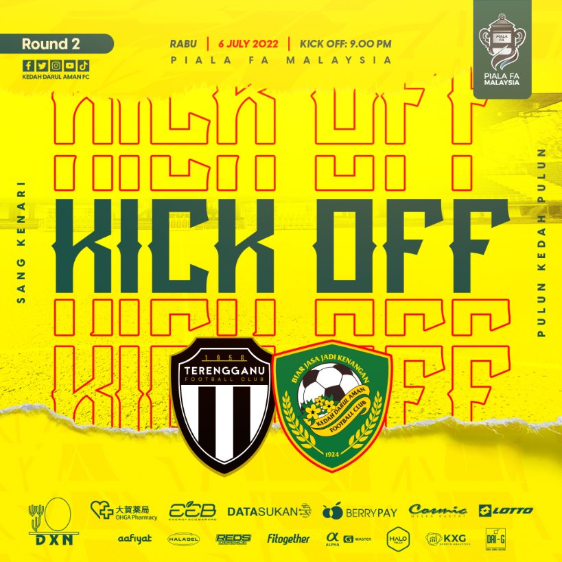 kda_fc's tweet photo. β Kick Off βοΈ
Battle to quarter final!
π° FA Rd2 | TERENGGANU FC vs KDA FC
6 Julai 2022, Rabu 9.00 malam
Stadium Sultan Mizan Zainal Abidin
#KDAFC #PulunKedahPulun #SangKenari #BiarJasaJadiKenangan #2022season #pialafa2022 #pusingankedua https://t.co/XPraCm8hnt