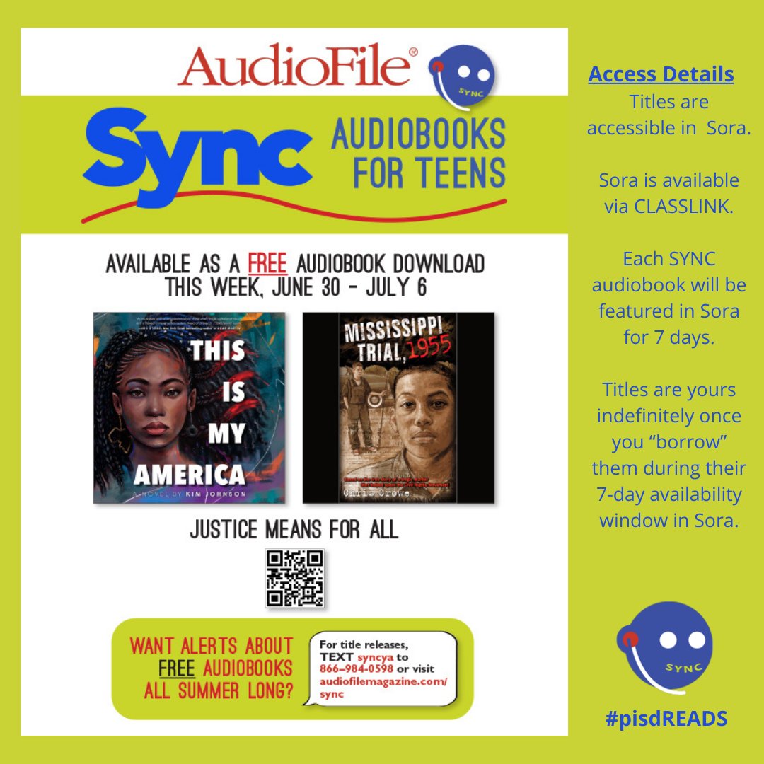 mavlibrary's tweet photo. Last day to get Week 10 of #audiobookSYNC2022: Justice Means for All
Get these 2 amazing audiobooks via SORA (access through ClassLink) for FREE by today, Wednesday, July 6!
#mavlibrary #mavsREAD #pisdREADS #syncYA https://t.co/PMfSBNGHCp