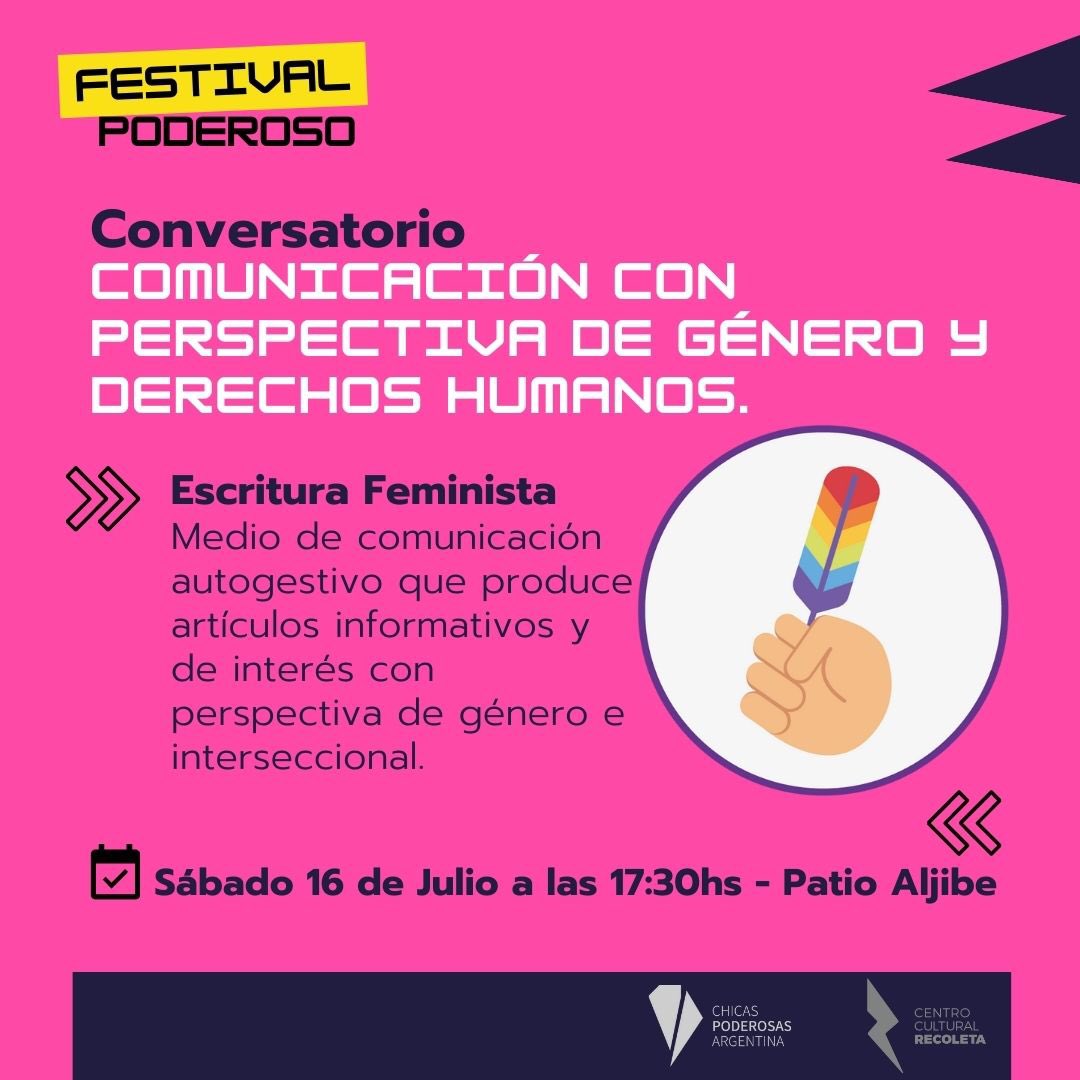 EscrituraFem's tweet photo. ¿A quién vemos el sábado 16/7 en el #FestivalPoderoso sobre periodismo feminista? 💜🙋🏻‍♀️

¡Traé mate! 😊 Desde las 17h vamos a charlar sobre comunicación con perspectiva de género y Derechos Humanos junto con @Red__Accion.

📍 Centro Cultural Recoleta, CABA https://t.co/s5w8bKTbbv