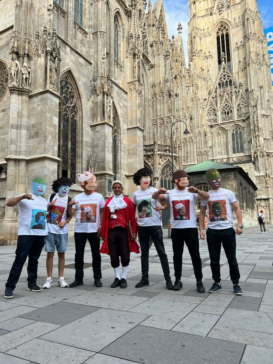 Chaotic3Dmind is a derivative NFT project based in Austria.
Some of our colleagues did a visibility practice in front of the world-famous St. Stephen's Cathedral in Vienna, wearing T-shirts with NFTs from our project's collection.