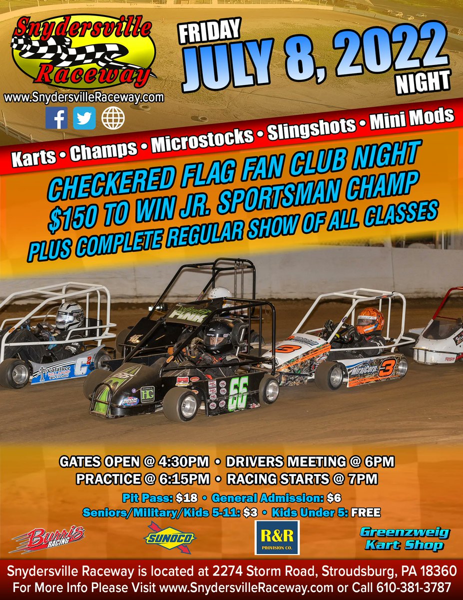 svilleraceway's tweet photo. It’s Checkered Flag Fan Club Night this Friday, July 8 where CFFC members get the chance to race for a coveted CFFC Jacket! On top of that, the young guns of the Jr. Sportsman Pro Champ class get the chance at $150 to win Feature! Lastly, we have a Complete Regular Show https://t.co/SK6msBtR9r