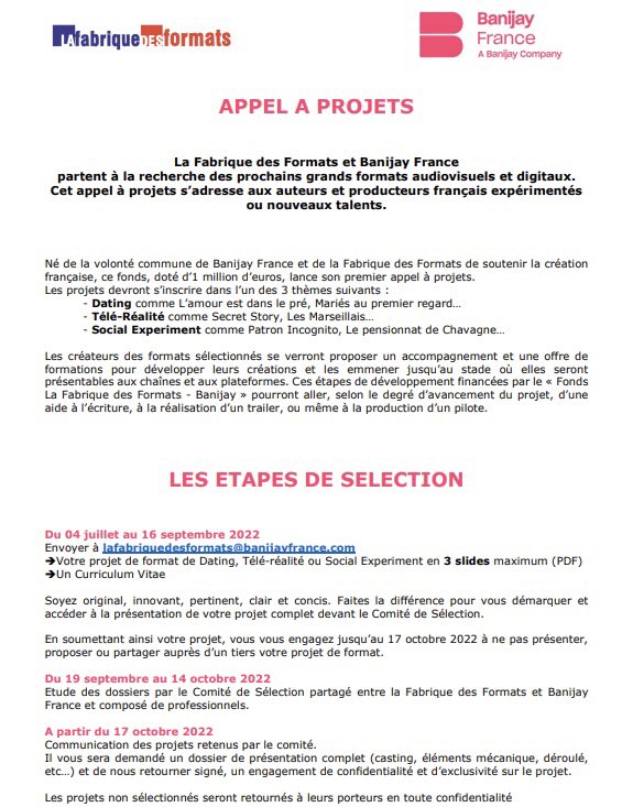 BanijayFrance's tweet photo. Et si VOUS étiez le créateur des prochains grands formats 📱📹?#formatstv #appelaprojets  @laFabFor https://t.co/lVNEUwEiis