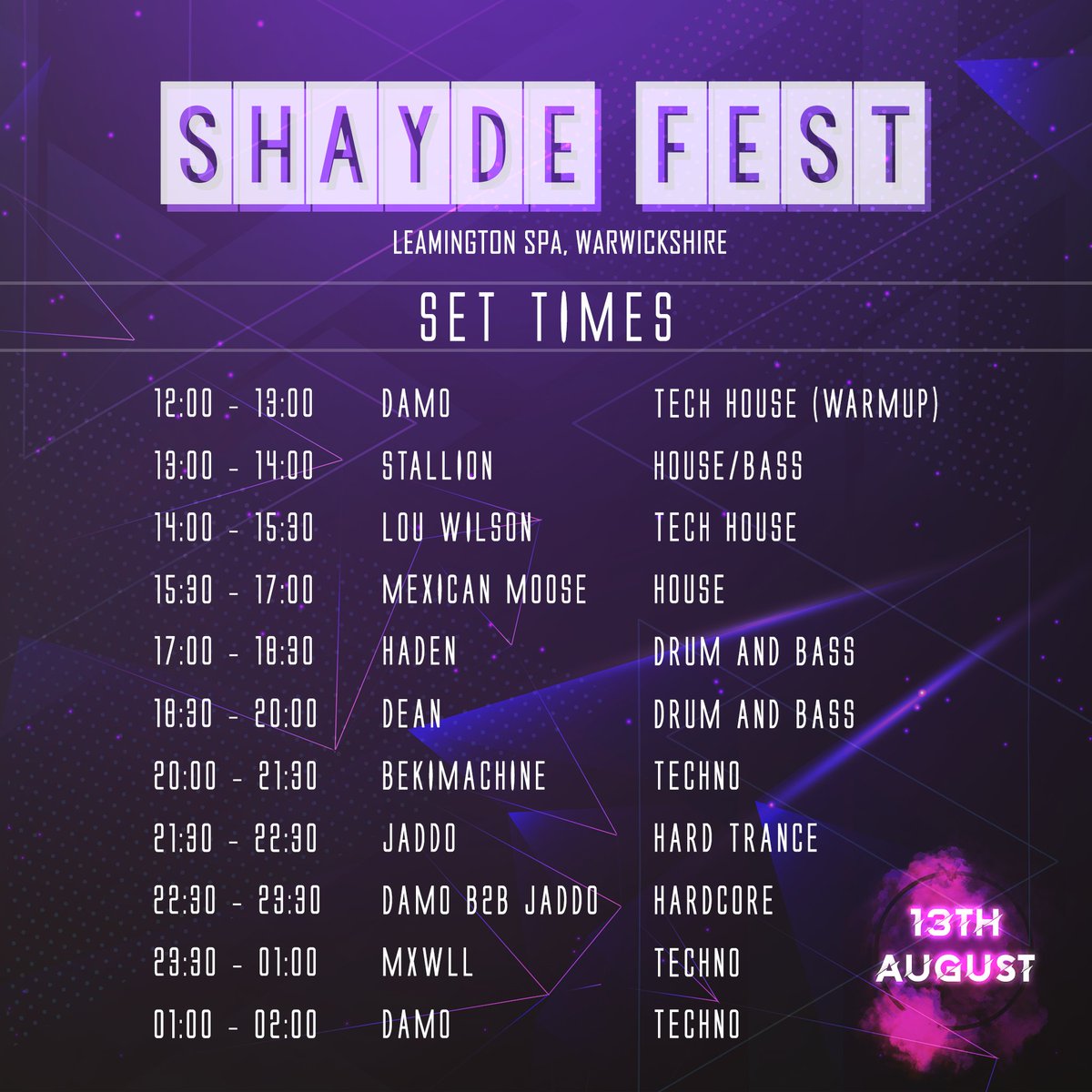 Couldn't hold on to this any longer without spilling the info.. 🔥

Set times have been fully confirmed 🙌

Remember to get your tickets before they all go, there's very limited availability.

LETS FUCKING PARTY.

Tickets here ➡️ shaydefest.rsvpify.com