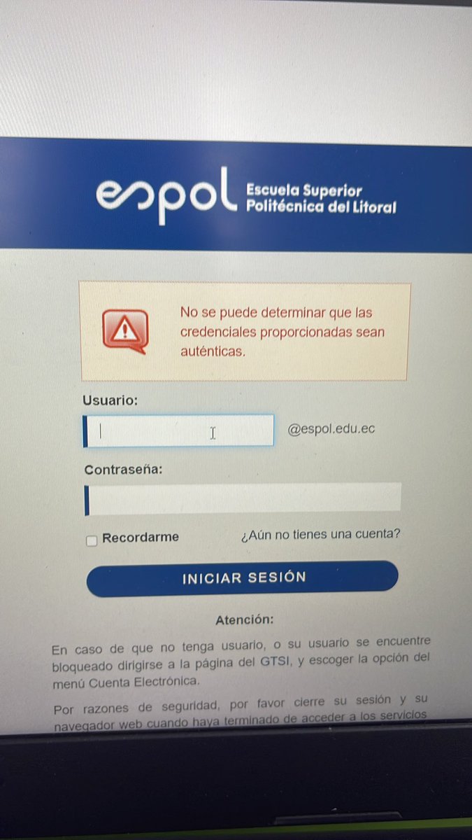 SamBek99's tweet photo. @GTSI_ESPOL buenos días, Aula Virtual presenta inconvenientes para autenticar credenciales y no se puede ingresar. https://t.co/r3Zu90534P