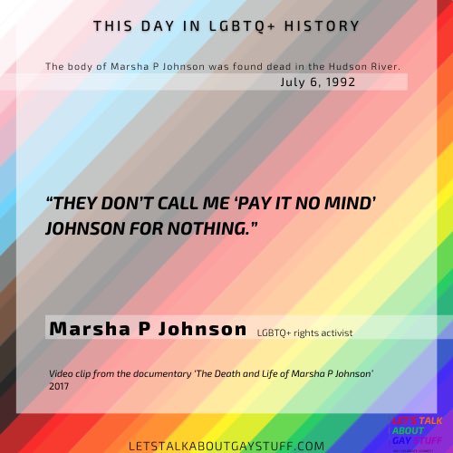 talkgaystuff's tweet photo. This day in #LGBTQ+ #history LGBTQ+ icon and pioneer Marsha P Johnson was found dead in 1992.
Marsh P is a celebrated transgender woman who helped flame the fight for today's modern LGBTQ+ rights movement at the Stonewall Inn riots.
#MarshaPJohnson #mpji #stonewall #marshap https://t.co/xnntggreKx