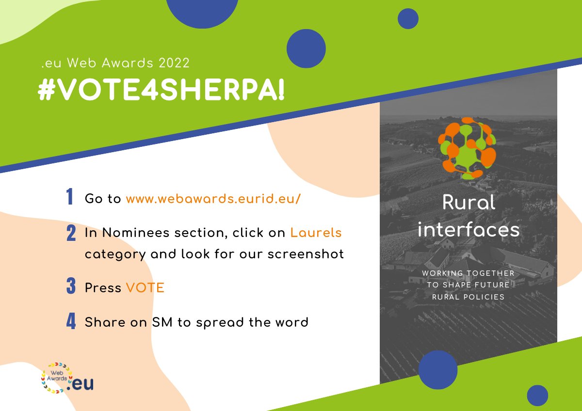 ruralinterfaces's tweet photo. 🆒 #SHERPA’s webpage has been nominated for the prestigious .eu Web Awards 2022! 🎉 This contest is organised by @EUregistry and 🏆 rewards the best websites with the domain .eu!
🚨#Vote4SHERPA before August 17
🖱️ https://t.co/NGVECdnrIa 🖱️ https://t.co/fi1JvSpsnk