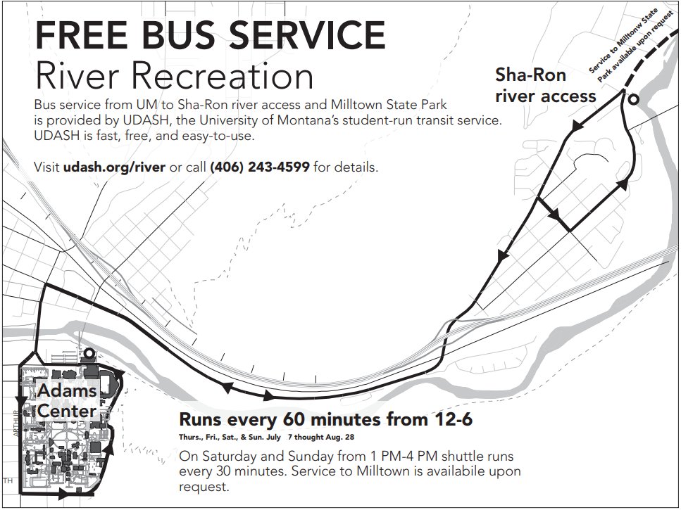 MslaBus's tweet photo. Summer river shuttles are back!
Starting tomorrow, July 7, UDASH will offer FREE shuttles to Sha-Ron river access, (& Milltown State Park upon request), Thurs thru Sun.
Visit https://t.co/cyED39TrcG for more info.
#missoula #river #rec #floating #summer #free #activity #udash https://t.co/vm5lpugHRp