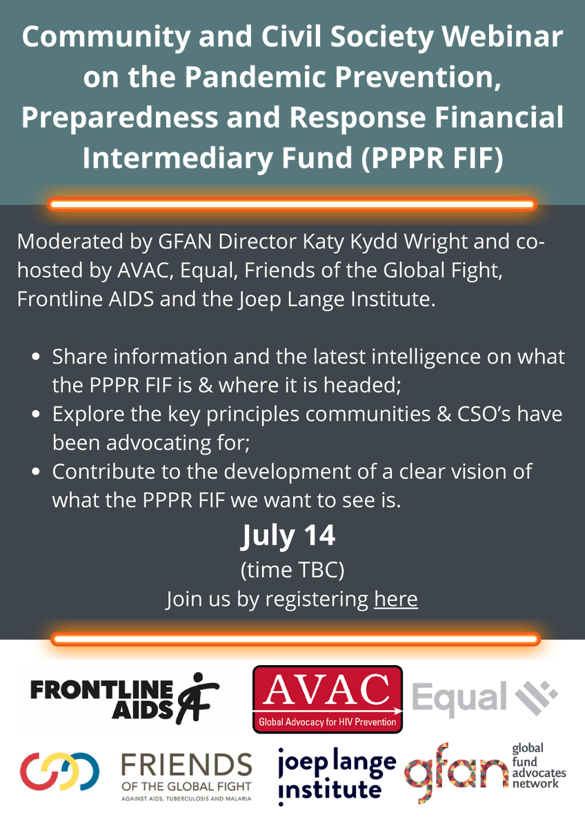 Stop TB Canada (@stoptbcanada) on Twitter photo ⚡️SAVE THE DATE!
<a href="/GFadvocates/">GlobalFundAdvocates</a> are hosting a webinar on the pandemic prevention, preparedness, and response financial intermediary fund, and the lasting impact it can have on global health.⬇️
🗓️July 14th
⏰ Register to receive an invite👉tinyurl.com/3yapnnr6
📍Virtual ⚡️SAVE THE DATE!
<a href="/GFadvocates/">GlobalFundAdvocates</a> are hosting a webinar on the pandemic prevention, preparedness, and response financial intermediary fund, and the lasting impact it can have on global health.⬇️
🗓️July 14th
⏰ Register to receive an invite👉tinyurl.com/3yapnnr6
📍Virtual