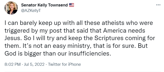 La_G4ta's tweet photo. Using scripture to taunt people. That'll surely entice them to follow Christ. smh 
Her behavior is what turns people away from #Christianity. 

#KellyTownsend https://t.co/g1kzmMUbbr