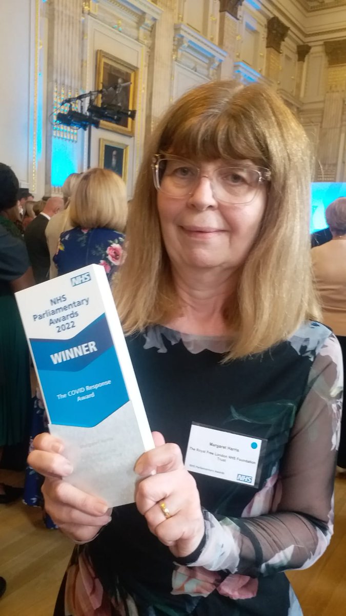 Huge congratulations to our domestic services manager Margaret Harris, who has won the COVID response award in the #NHSParlyAwards 🥳

Thanks to @TulipSiddiq for nominating Margaret, she is a Royal Free London🌟