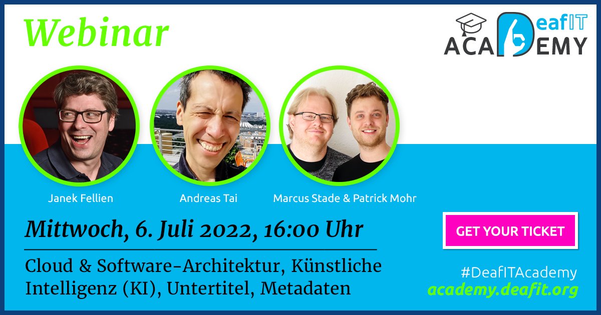 Bald startet das zweite DeafIT Academy Webinar ab 16 Uhr zu den Themen Cloud &amp; Software-Architektur, Künstliche Intelligenz (KI), Untertitel &amp; Metadaten. Wir sind schon sehr gespannt und freuen uns! academy.deafit.org #DeafITAcademy