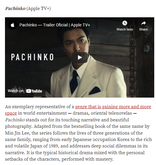 The 10 Best Series Released In 2022 – So Far 
veja.abril.com.br/coluna/tela-pl…
#Pachinko #LeeMinHo <a href="/ActorLeeMinHo/">Lee Min Ho</a> #이민호 #KimMinHa #파친코 @AppleTVPlus