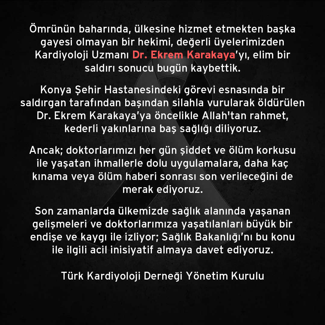 Ömrünün baharında, ülkesine hizmet etmekten başka gayesi olmayan bir hekimi, değerli üyelerimizden Kardiyoloji Uzmanı Dr. Ekrem Karakaya’yı, elim bir saldırı sonucu bugün kaybettik.

#DrEkremKarakaya #SağlıktaŞiddeteHayır