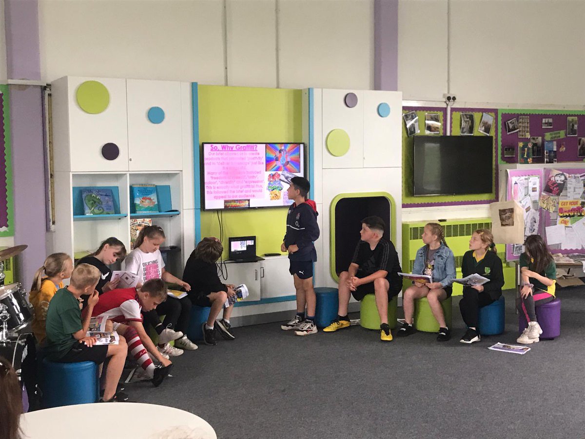 CGPrimary's tweet photo. Class 8 &amp; 9 pupils did so well during their enterprise challenge presentation today. Da iawn! They were amazing and did such a good job representing our school! They certainly ‘Got Their Graffiti On’ and impressed the judges! #CGPTech #CGPArt #Priment22 #Banksyart #Banksy https://t.co/4Dhsl6a5ql