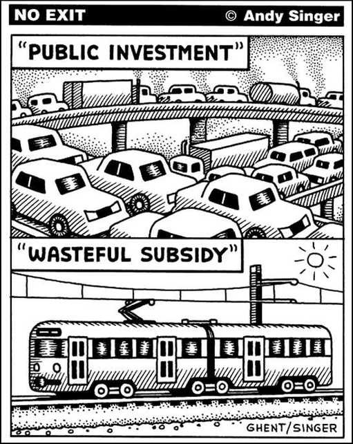 fietsprofessor's tweet photo. While the Dutch government spends 19.000.000.000 Euros to add 1.000 kilometers of highway, they slash the budget for public transport with 50%. #MetHetOV 

(by Andy Singer: https://t.co/kznN7Xc6Np) https://t.co/1SptafDPRb