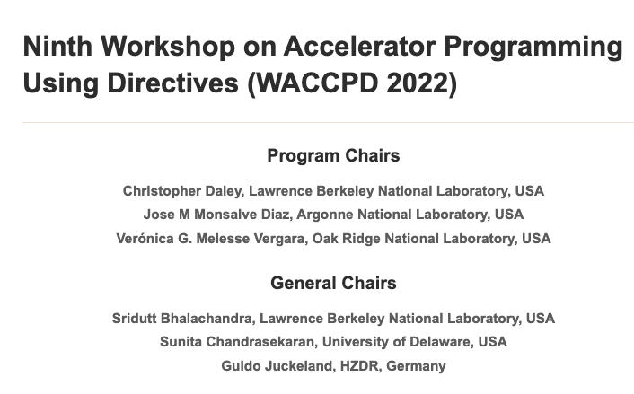 9th #WACCPD workshop w/ #SC22 is alive & kicking! 😎 @GuidoJuckeland @verolero86 @josemonsalve2 @diegoroa90 
Submission OPEN
waccpd.org 

@OpenMP_ARB @OpenACCorg @IWOCL @llvmorg #alpaka #kokkos @HPC_Guru @women_in_hpc 

#WACCPD21 proceedings 
link.springer.com/book/10.1007/9…