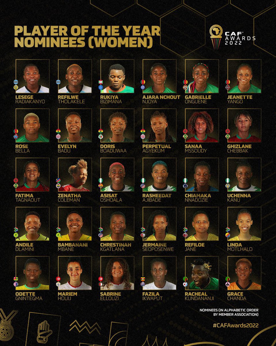 Congratulations to:

Andile Dlamini
Bambanani Mbane 
Thembi Kgatlana 
Jermaine Seoposenwe
Refiloe Jane
Linda Motlhalo 

For making the preliminary list of the nominees for the Player of the Year (Women) award!

💛💚🇿🇦

#CAFAwards2022 

📸 <a href="/CAF_Online/">CAF Online</a>