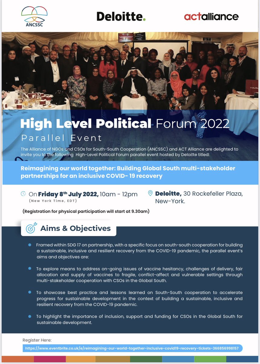 We are delighted to invite you to the High-Level Political Forum parallel event hosted by Deloitte.

Link for online attendance:

 lnkd.in/emSBGuGH

Passcode: 522454

Please feel free to share with your networks. 
.
.
#hlpf2022 #HLPF #ANCSSC #SouthSouthCooperation #SDGs