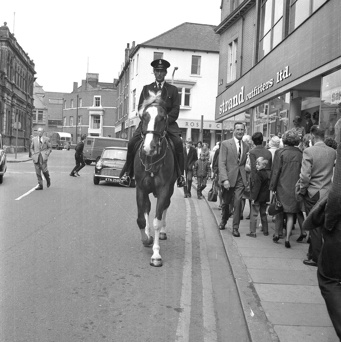 Horses for courses… Here's Strand Outfitters Ltd - and a nice view of Crowtree Road in 1967. (The Rose and Crown pub can just be seen behind). And a random horse! #Sunderland