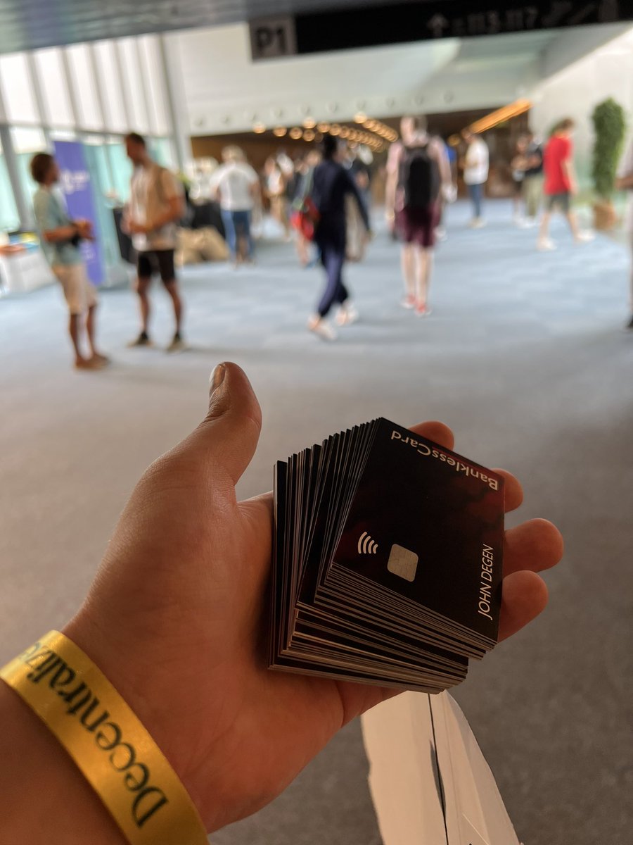 getbcard's tweet photo. Get the first edition of BanklessCard @eth_barcelona! Just look for the guys with a @banklessDAO shirt 😉 https://t.co/OX7JKqmTXC