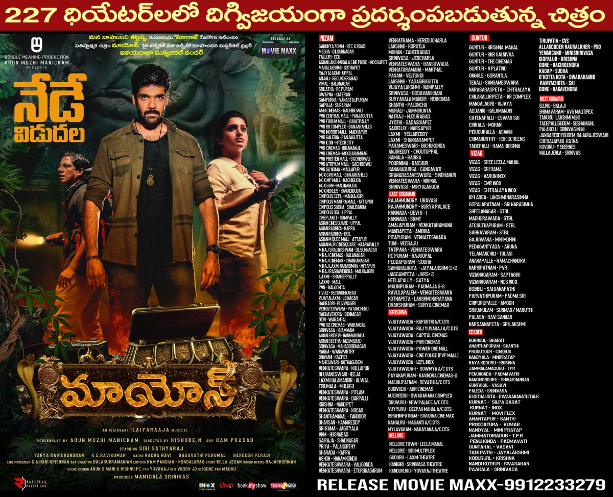 DoubleMProd_'s tweet photo. #Maayon releases big

Andhra/Telengana theater list..

#MaayonFromTomorrow in Theaters  

@ManickamMozhi #MamidalaSrinivas @Sibi_Sathyaraj @actortanya @ilaiyaraaja @DirKishore @vrmadhu9 https://t.co/8vsgZAShXF