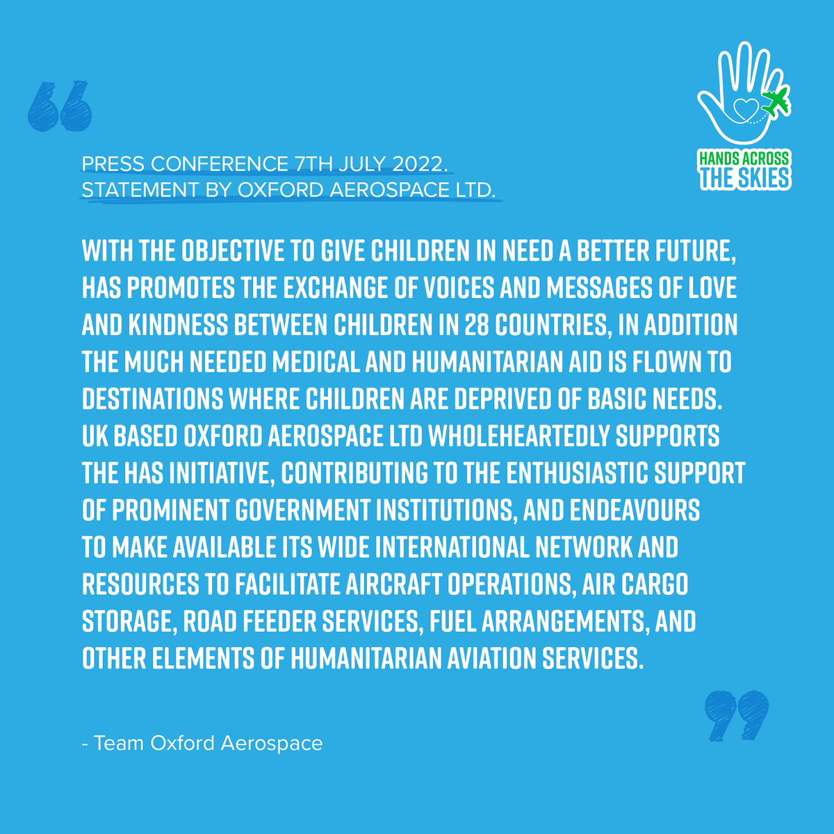 hands_skies's tweet photo. "The launch of the #HandsAcrossTheSkies (HAS) Aviation Charity led by young children ambassadors represents a step up in charity campaigns aimed to provide humanitarian relief for children."

Ahead of our press conference tomorrow, @OxfordAerospace share this statement 👇 https://t.co/lZmd3W6YhS