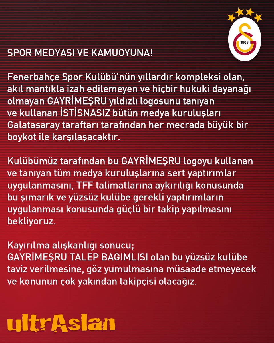 #ultrAslan | Açıklamamızın tamamı.

“Kayırılma alışkanlığı sonucu GAYRİMEŞRU TALEP BAĞIMLISI olan bu yüzsüz kulübe taviz verilmesine, göz yumulmasına müsaade etmeyecek ve konunun çok yakından takipçisi olacağız.”

#RicaylaGayrimeşruLogo