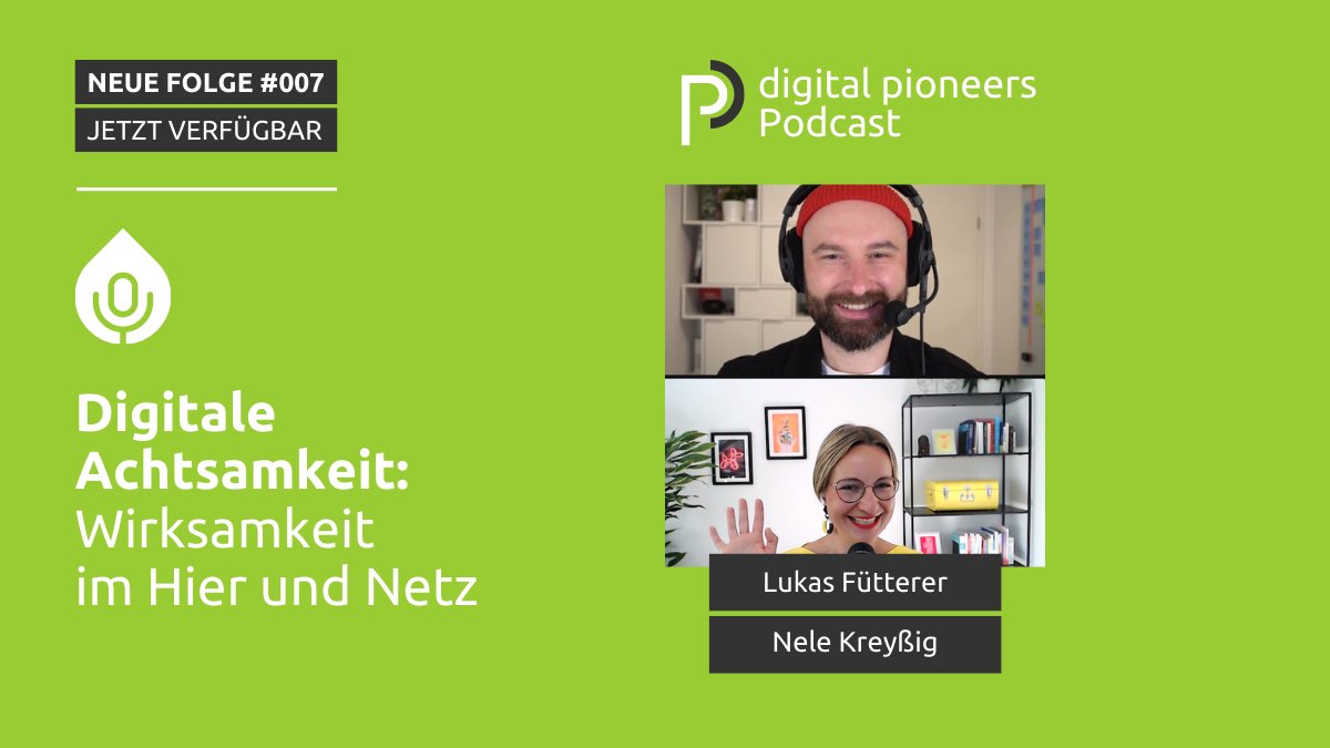Leute! Wir haben heute eine so tolle neue #digitalpioneers #Podcastfolge veröffentlicht. Zusammen mit <a href="/lukizzl/">Lukas Fütterer // @lukizzl@mastodontech.de</a> spreche ich über unser gemeinsames 💚 Thema: Digitale #Achtsamkeit! Hörbar überall, wo es Podcasts gibt oder klicke hier: digital-pioneers.io/podcast/