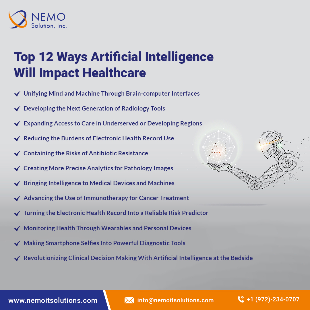 Top 12 Ways Artificial Intelligence Will Impact Healthcare | @nemoitsolutions 
💻 nemoitsolutions.com
📧 info@nemoitsolutions.com
📞 +1 972-234-0707
#ai #artificialintelligence #informationtechnology #ittechnology #machinelearning #artificialintelligencetechnology