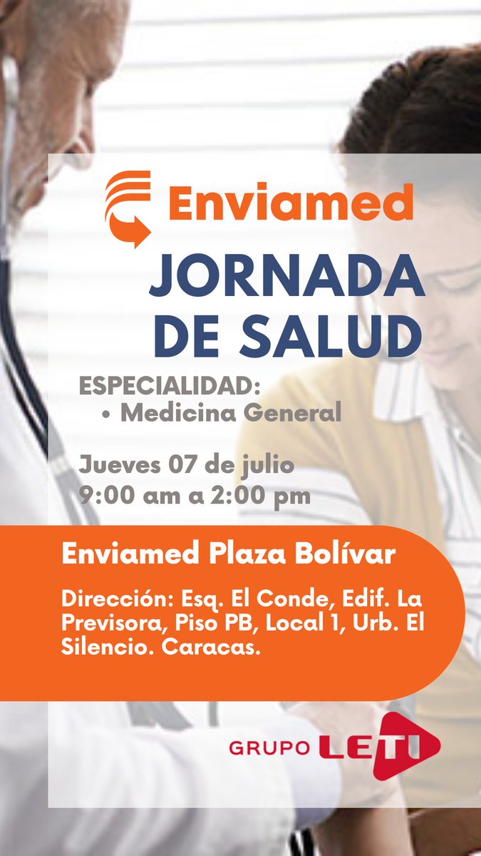 enviamedvzla's tweet photo. Este Jueves 07 de julio en nuestra sucursal Enviamed Plaza Bolívar se estará realizando una Jornada de Salud completamente gratis. #Enviamed #JornadaDeSalud #Farmacias https://t.co/LYxDxaEXya