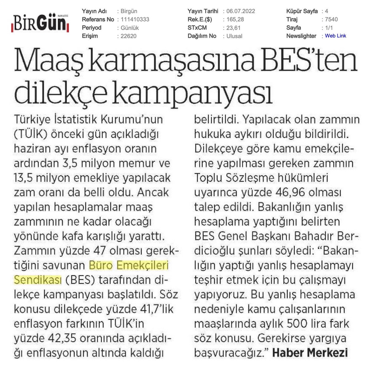 Memur ve emeklilerin aylıklarının enflasyon farkı nedeniyle artışının Maliye Bakanlığı tarafından yanlış hesaplandığı gerekçesiyle Sendikamız tarafından dilekçe kampanyası başlatıldı.
Genel Başkanımız Bahadır Berdicioğlu: "Bakanlığın yaptığı yanlışı yargıya taşıyacağız" dedi.