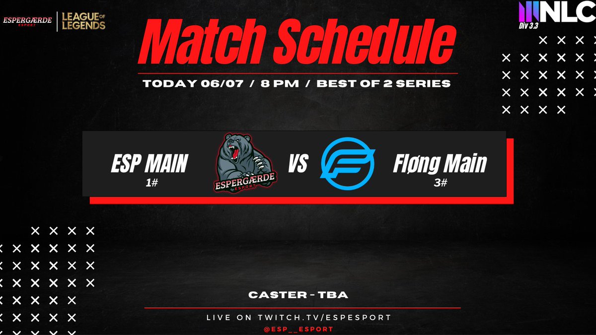 [#LOL]
Big match tonight in <a href="/NLClol/">Arozzi NLC</a> Div 3.3 lets pray for a banger💪

📺 twitch.tv/espesport
🎤 <a href="/AnMagicalCow/">An Magical Cow</a> 
🆚 <a href="/Floengesports/">FLØNG ESPORTS</a> Main
⏰ 20:00 Cest