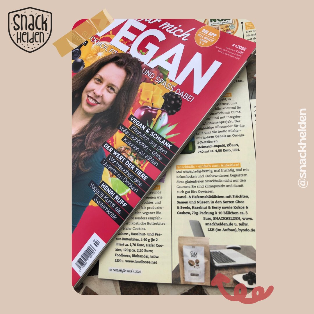 snackhelden's tweet photo. Die Zeitschrift „Vegan für mich” hat unsere Snackballs in der neuesten Ausgabe einmal unter die Lupe genommen. Das Ergebnis: Eine klare Empfehlung!Wir freuen uns sehr darüber! Lest und erfahrt gerne mehr zu unseren Snacks. Ihr findet unseren Beitrag auf Seite 64! https://t.co/Ked0jfcZYd