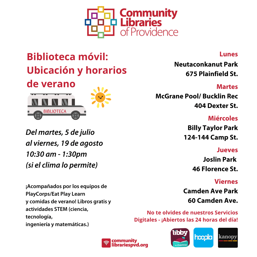 9librariespvd's tweet photo. Our mobile library team had a great first day at Bucklin Park yesterday, serving almost 60 kids and families. Check out our Monday-Friday schedule! @pvdschools @CityofProv @Jorge_Elorza @PVDMonthly #pvd #summerreading2022 #beyondthebeatenpath https://t.co/ARVJZdndpK
